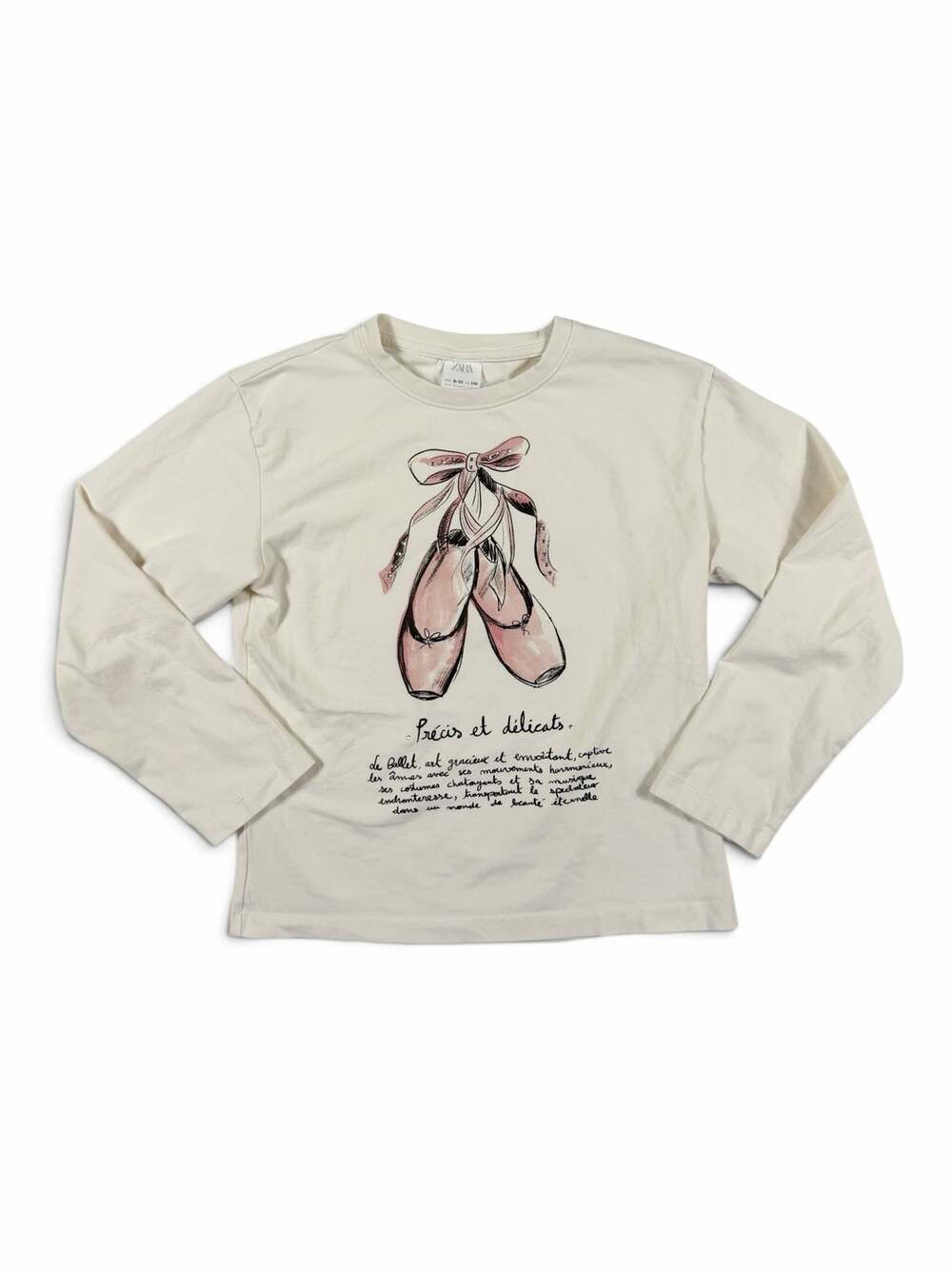 Zara Girls Ballet Shoes Graphic Long Sleeve T-Shirt Cream Size 9-10